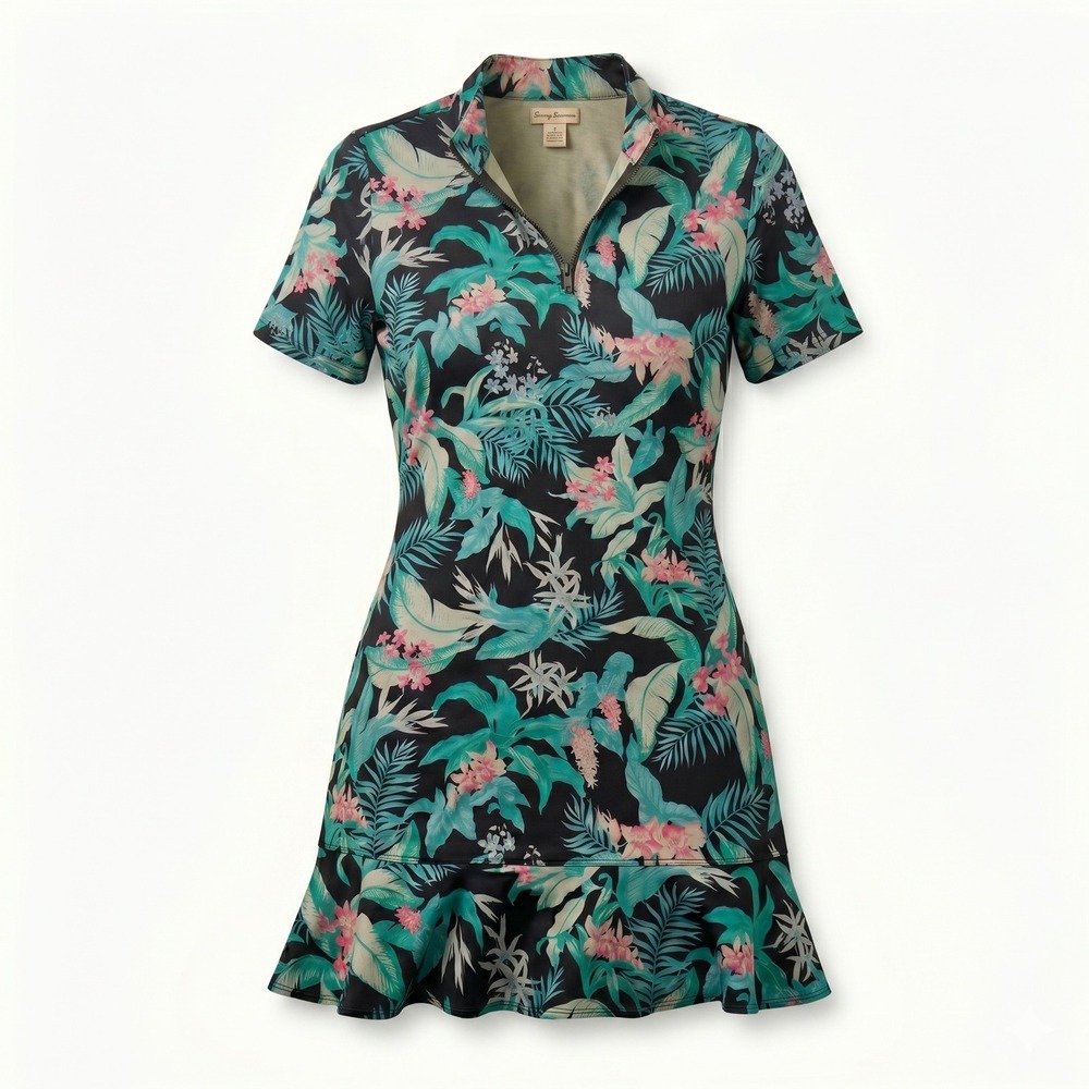 Tommy Bahama Golf Dress L Black Floral Tropical Activewear Quarter Zip